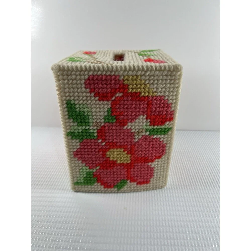 Vintage Needlepoint Tissue Cover Box Floral Plastic Canvas Finished Decor Granny